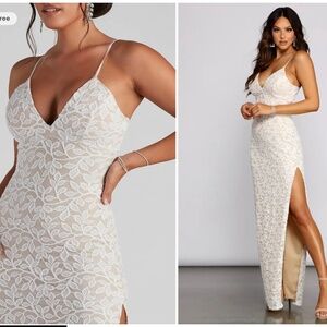 Dixie Lace Mesh High-Slit Formal Dress - White lace XS